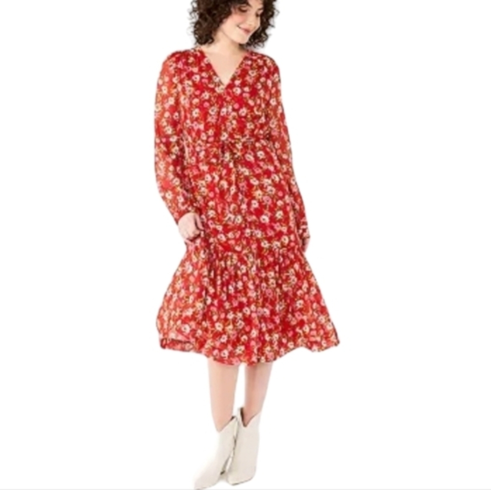 Draper James Red Floral Daisy Long Sleeve ruffle Boho‎ Midi Dress Size Small New